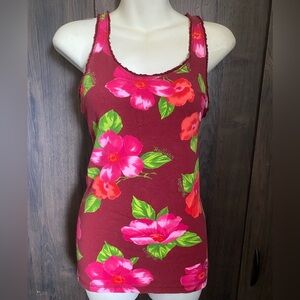 Hollister Floral Scoop Neck Tank Top - Burgundy with Pink & Green